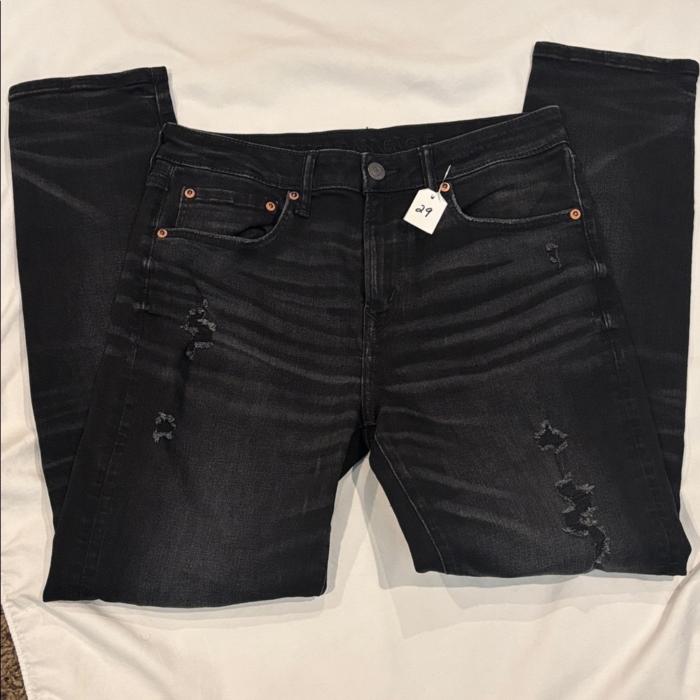 American Eagle Outfitters Black Distressed Airflex+ Athletic Fit Men Jeans